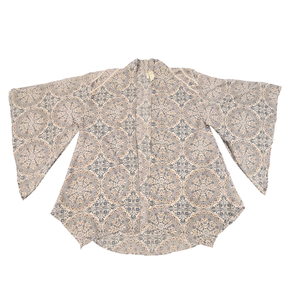 Japna Blue Peach Medallion Paisley Open Front Kimono Bell Sleeve Cardigan Small
